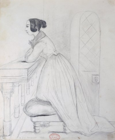 George Sand (1804-76) agenouillée sur un pouf et avec ses coudes sur une balustrade, 1833 - Alfred de Musset